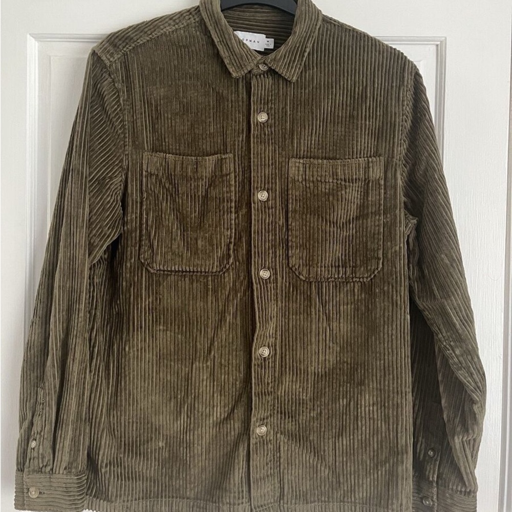 Topman olive green/khaki corduroy long sleeve button up shirt mens sz L NWT